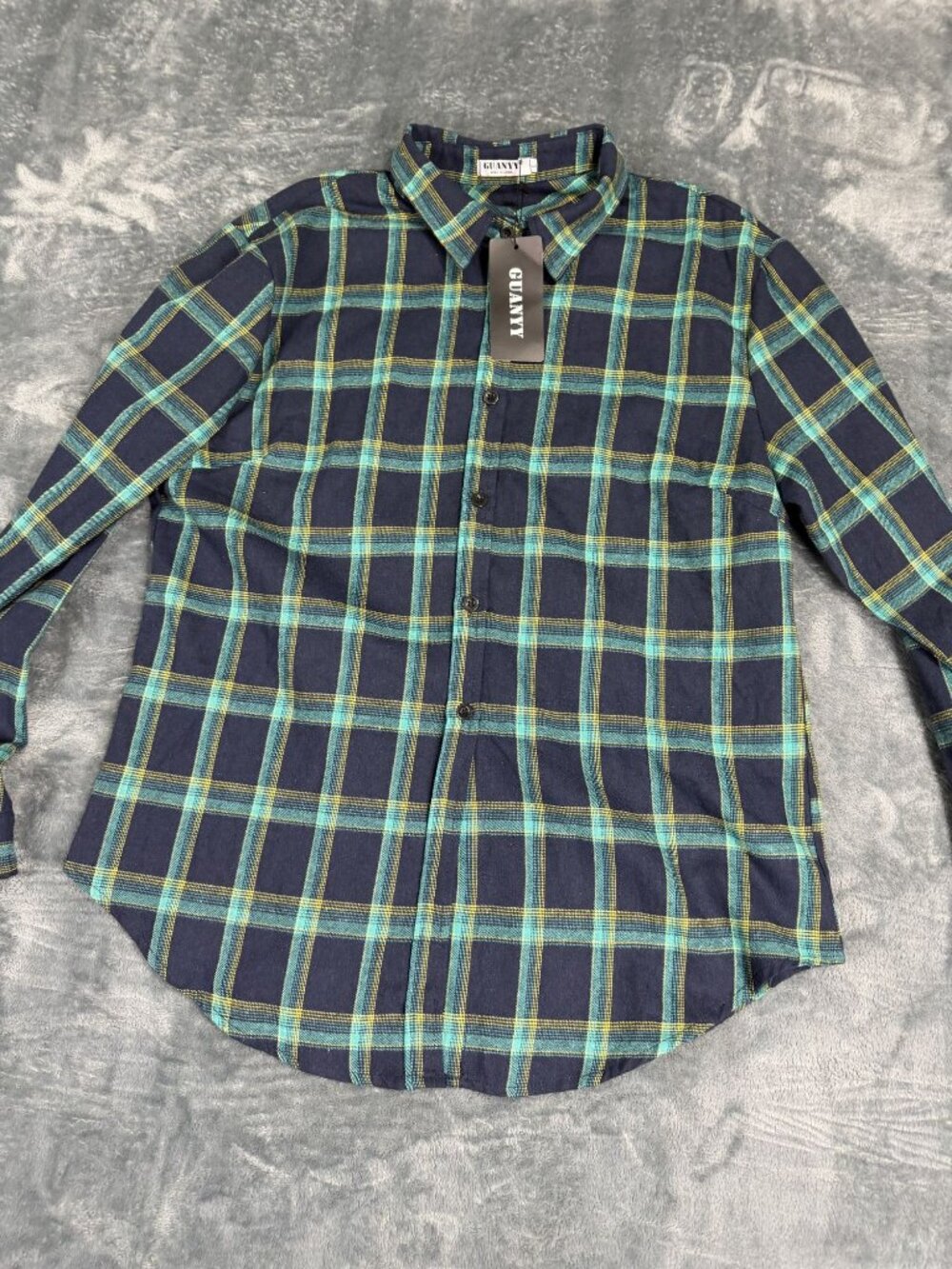 Guanyy Mens Navy & Green Plaid Long Sleeve Button-Down Shirt L NWT